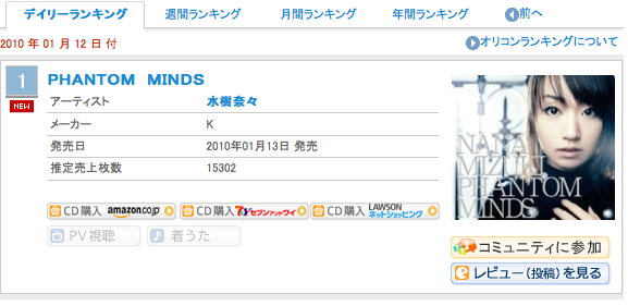 オリコンデイリーランキング 2010/1/12 一位 水樹奈々 PHANTOM MINDS